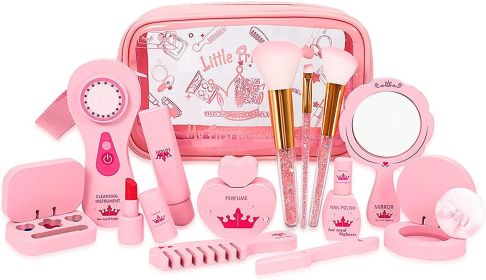 Children Girl Makeup Set 14pcs-Princess Makeup Wooden Toy Washable Real Make-up Kit Toy for Little Girls, Toddler Make up & Non-Toxic Cosmetic Set